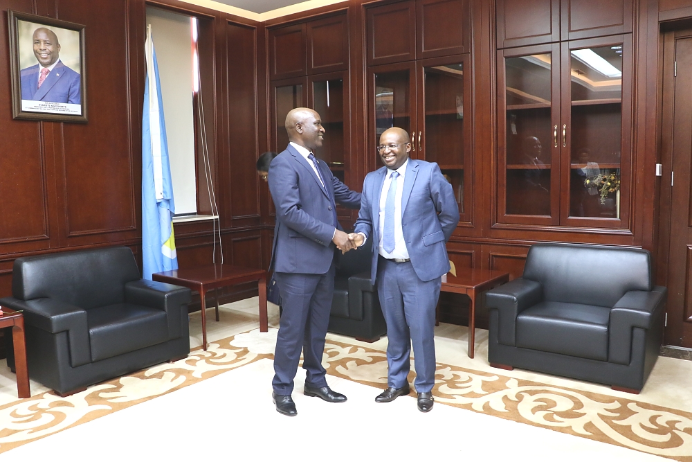 Pichani Mkurugenzi Mtendaji wa CRDB BANK BURUNDI S.A akisalimiana na Mhe. Waziri Mkuu.